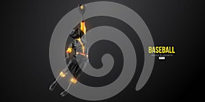 Abstract silhouette of a baseball player on black background. Realistic baseball player batter hits the ball. Vector