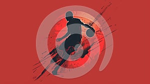 Abstract silhouette of basketball player dribbling with dynamic splash against red background.