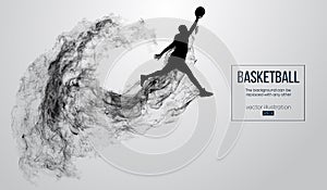 Abstract silhouette of a basketball player on white background. Basketball player jumping and performs slam dunk.