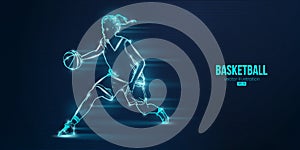 Abstract silhouette of a basketball player woman in action isolated blue background. Vector illustration