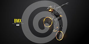 Abstract silhouette of a bmx rider, man is doing a trick, isolated on black background. Cycling sport transport. Vector