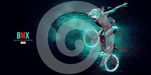 Abstract silhouette of a bmx rider, man is doing a trick, isolated on black background. Cycling sport transport. Vector