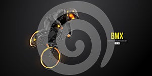 Abstract silhouette of a bmx rider, man is doing a trick, isolated on black background. Cycling sport transport. Vector
