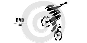 Abstract silhouette of a bmx rider, man is doing a trick, isolated on white background. Cycling sport transport. Vector