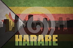 Abstract silhouette of the city with text Harare at the vintage zimbabwean flag