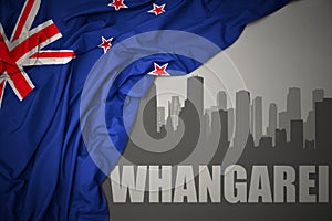 Abstract silhouette of the city with text Whangarei near waving national flag of new zealand on a gray background