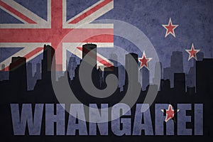 Abstract silhouette of the city with text Whangarei at the vintage new zealand flag