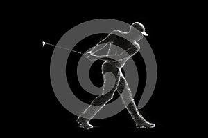 Abstract silhouette of a golf player on black background. Golfer man hits the ball. illustration