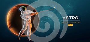 Abstract silhouette of a golf player in space action and Earth, Mars, planets on the background of the space. Golfer