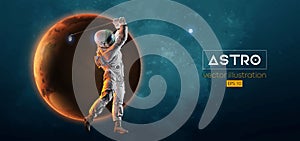 Abstract silhouette of a golf player in space action and Earth, Mars, planets on the background of the space. Golfer