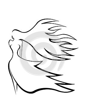 Abstract silhouette of a graceful girl with hair flying