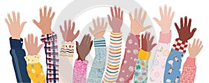 Group of arms and raised hands of multiethnic joyful children.Teamwork kindergarten or school of multicultural children.Friendship photo