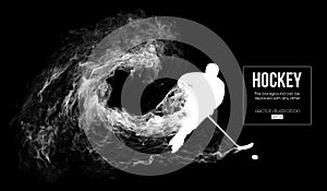 Abstract silhouette of a hockey player on dart, black background from particles. Hockey player hits the puck. Vector