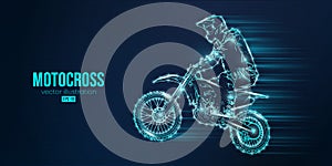 Abstract silhouette of a motocross rider, man is doing a trick, isolated on blue background. Enduro motorbike sport