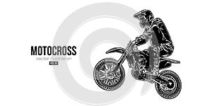 Abstract silhouette of a motocross rider, man is doing a trick, isolated on white background. Enduro motorbike sport