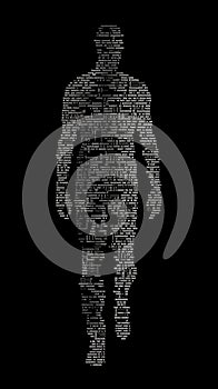 Abstract silhouette of a person composed of various algorithmic codes on a dark background