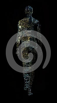 Abstract silhouette of a person composed of various algorithmic codes on a dark background