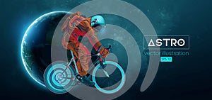 Abstract silhouette of a road bike racer, astronaut is riding on sport bicycle in space action and Earth, Mars, planets