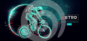 Abstract silhouette of a road bike racer, astronaut is riding on sport bicycle in space action and Earth, Mars, planets