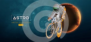 Abstract silhouette of a road bike racer, astronaut is riding on sport bicycle in space action and Earth, Mars, planets