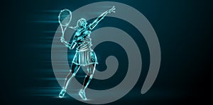 Abstract silhouette of a tennis player on black background. Tennis player woman with racket hits the ball. illustration