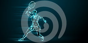 Abstract silhouette of a tennis player on black background. Tennis player woman with racket hits the ball. illustration