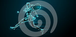 Abstract silhouette of a tennis player on black background. Tennis player woman with racket hits the ball. illustration