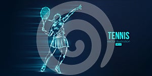 Abstract silhouette of a tennis player on blue background. Tennis player woman with racket hits the ball. Vector