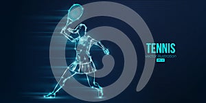 Abstract silhouette of a tennis player on blue background. Tennis player woman with racket hits the ball. Vector