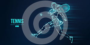 Abstract silhouette of a tennis player on blue background. Tennis player woman with racket hits the ball. Vector