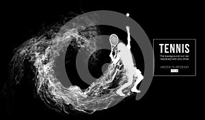 Abstract silhouette of a tennis player man male on dark black background from particles. Tennis player hits the ball.