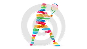 Abstract silhouette of a tennis player on white background. Tennis player man with racket hits the ball. illustration