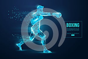 Abstract silhouette of a wireframe boxer fighter with boxing gloves on the blue background. Boxer is winner. Vector