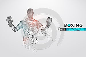Abstract silhouette of a wireframe boxer fighter with boxing gloves on the white background. Boxer is winner. Vector