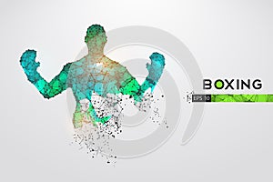 Abstract silhouette of a wireframe boxer fighter with boxing gloves on the white background. Boxer is winner. Vector