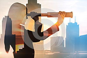 Abstract silhouette of woman with telescope looking into the distance on bright city background with mock up place. Future,