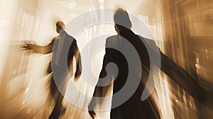 Abstract silhouettes of two figures in a dynamic scene. surreal, artistic portrayal with motion blur effect. ideal for