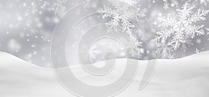 Abstract Silver Background Panorama Winter Landscape with Falling Snowflakes photo