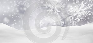 Abstract Silver Background Panorama Winter Landscape with Falling Snowflakes