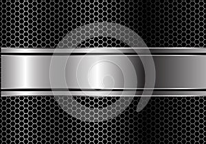 Abstract silver black line banner overlap on metal hexagon mesh design modern luxury futuristic background vector