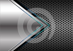 Abstract silver blue light arrow direction on dark grey metallic circle mesh design modern futuristic background vector