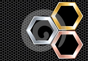 Abstract silver gold copper black hexagon overlap on dark gray mesh design modern luxury futuristic background texture vector