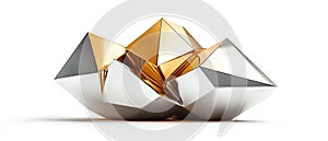 Abstract silver and gold geometric sculpture on white background
