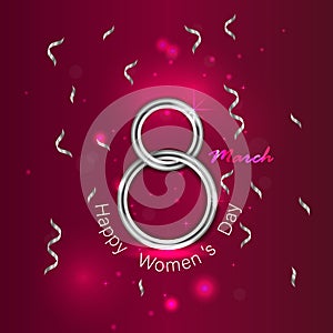 Abstract silver Greeting card.Silver number eight and glitter silver greeting on background.International Happy Women`s Day.8th o