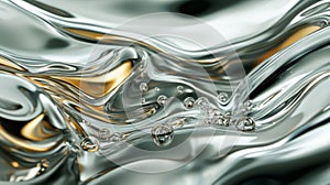 Abstract Silver Metallic Liquid Surface with Gold Accents and Dynamic Ripple Effect