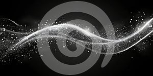 Abstract silver wave of shimmering particles on black background, festive magic light effect.