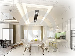 Abstract sketch design of interior dining and kitchen room ,3d