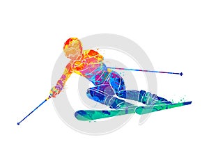 Abstract skiing. Descent giant slalom skier from splash of watercolors. Winter sports