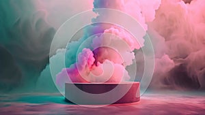 Abstract slow moving wispy pastel neon pink blue smoke fog spotlight above concrete stone podium table background