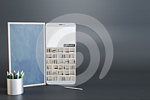 Abstract smartphone with online library on gray background with mock up place. Digital education and knowledge concept. 3D